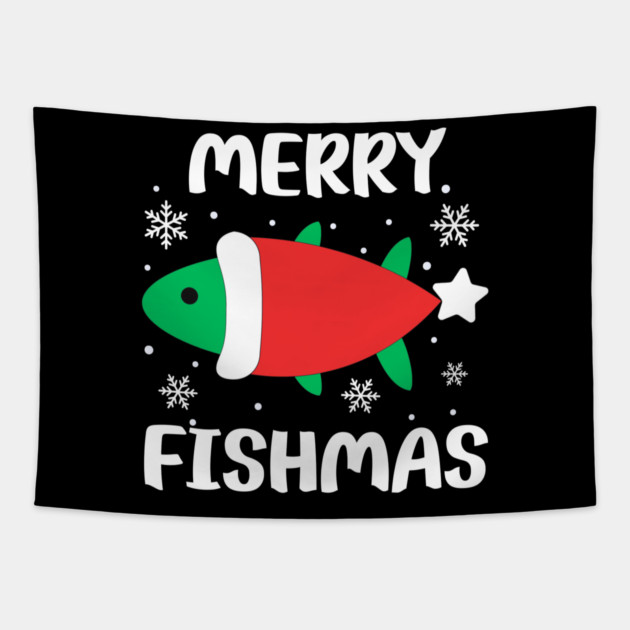Merry Fishmas Cute Santa Fish Holiday Pun Tapestry by Creatifly Graphic Tees