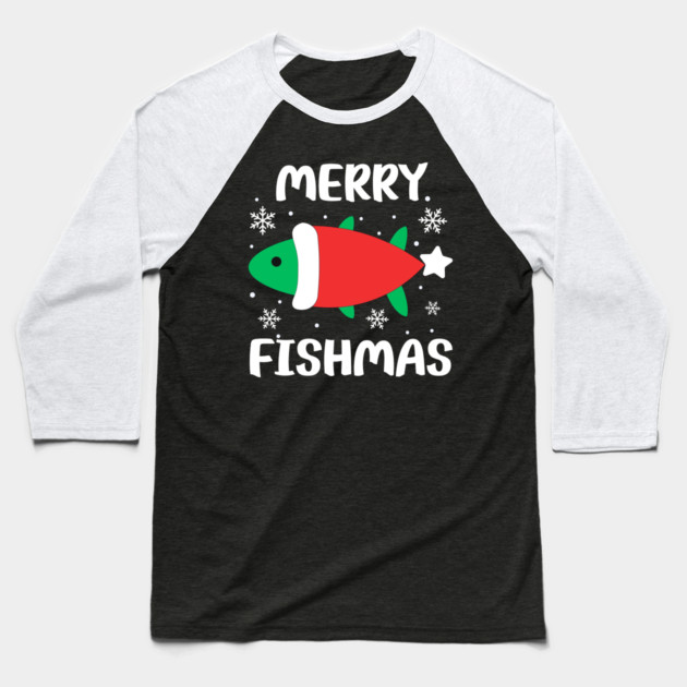 Merry Fishmas Cute Santa Fish Holiday Pun Baseball T-Shirt by Creatifly Graphic Tees