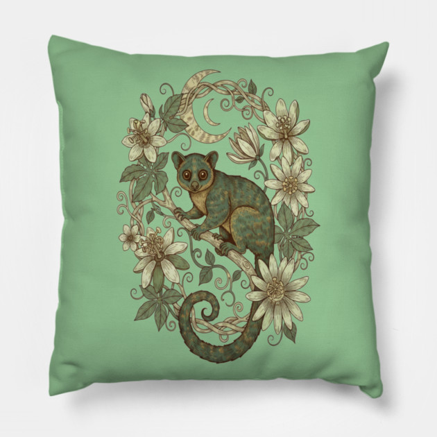 Kinkajou Honey Bear with Moon and Flowers Pillow by BirdsnStuff