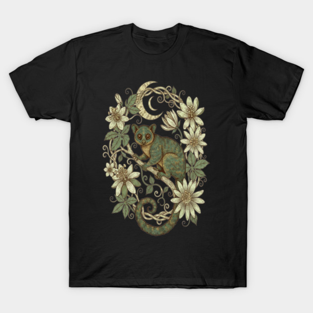 Kinkajou Honey Bear with Moon and Flowers T-Shirt by BirdsnStuff