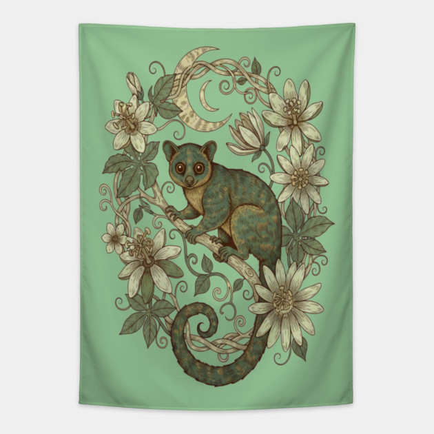 Kinkajou Honey Bear with Moon and Flowers Tapestry by BirdsnStuff