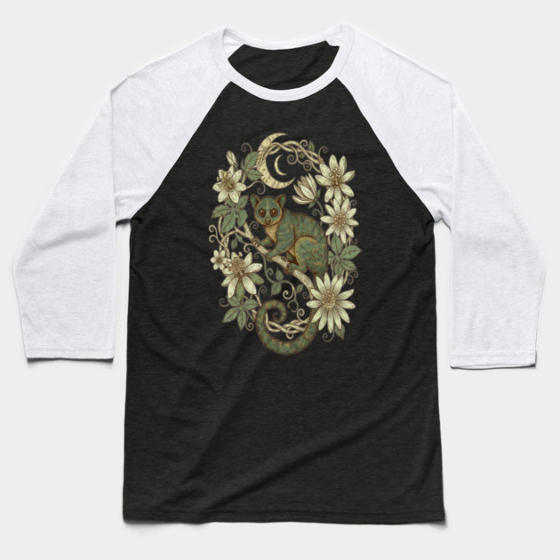 Kinkajou Honey Bear with Moon and Flowers Baseball T-Shirt by BirdsnStuff