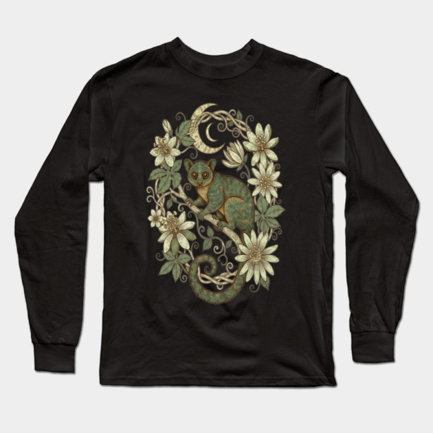 Kinkajou Honey Bear with Moon and Flowers Long Sleeve T-Shirt by BirdsnStuff