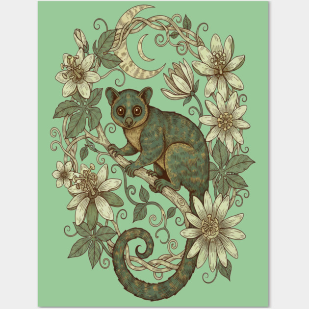 Kinkajou Honey Bear with Moon and Flowers Wall Art by BirdsnStuff