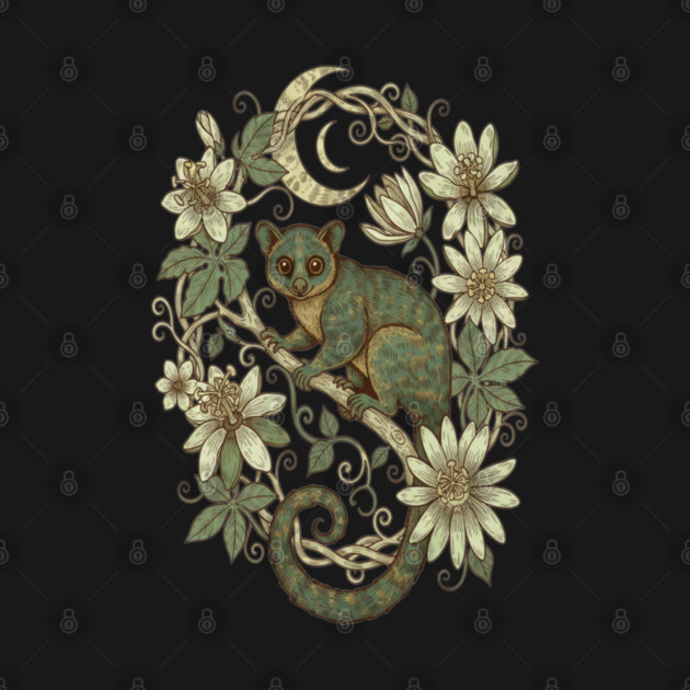 Kinkajou Honey Bear with Moon and Flowers by BirdsnStuff