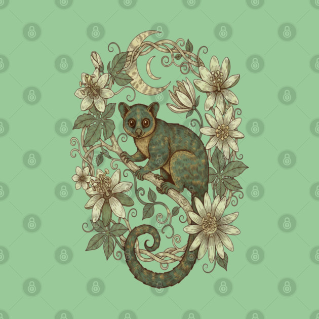 Kinkajou Honey Bear with Moon and Flowers by BirdsnStuff