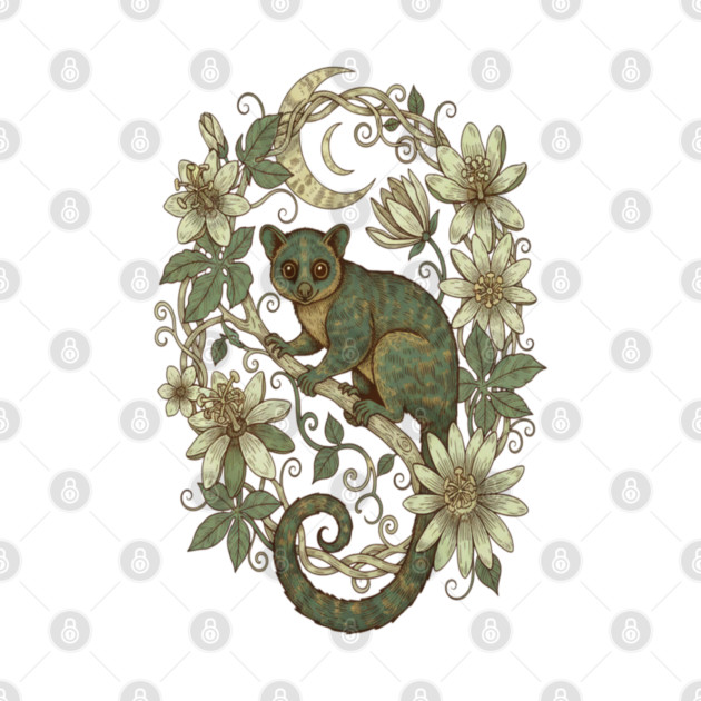 Kinkajou Honey Bear with Moon and Flowers by BirdsnStuff