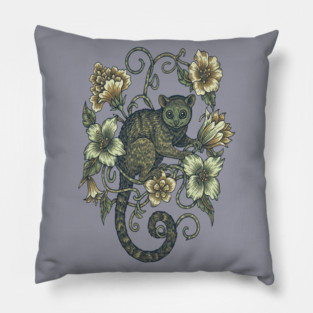 Kinkajou Honey Bear and Tropical Flowers Pillow
