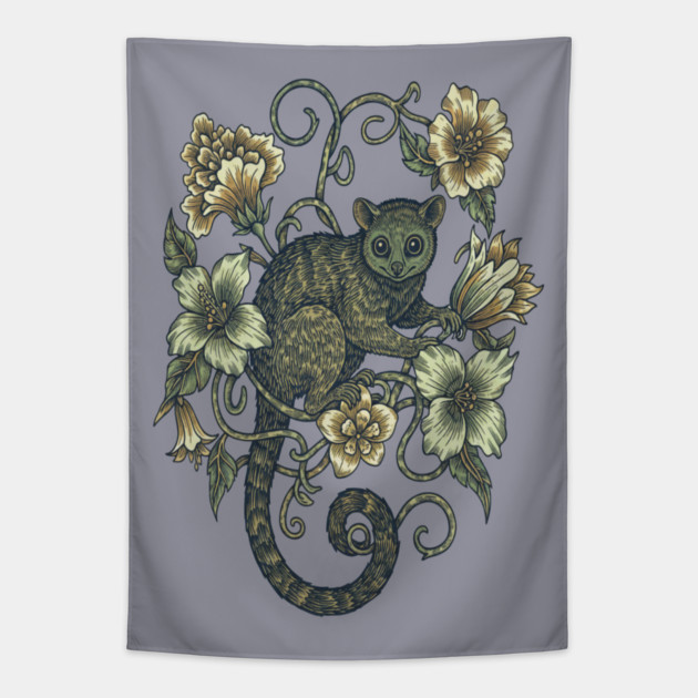 Kinkajou Honey Bear and Tropical Flowers Tapestry by BirdsnStuff