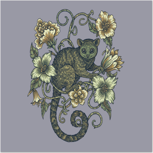 Kinkajou Honey Bear and Tropical Flowers Wall Art by BirdsnStuff