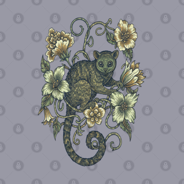 Kinkajou Honey Bear and Tropical Flowers by BirdsnStuff