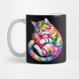 Rainbow Cute Cat Hugging Valentine Heart Mug