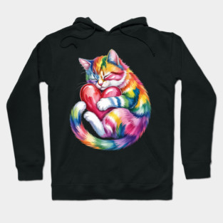 Rainbow Cute Cat Hugging Valentine Heart Hoodie