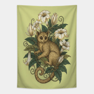 Cute Kinkajou Honey Bear with White Flowers Tapestry