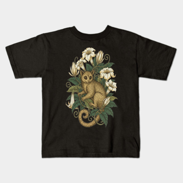 Cute Kinkajou Honey Bear with White Flowers Kids T-Shirt by BirdsnStuff