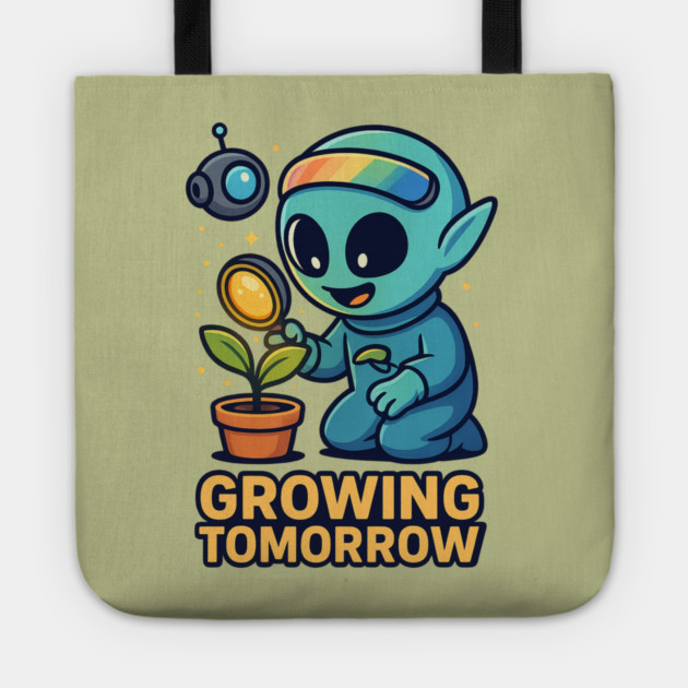 Growing Tomorrow – Cute Alien Growth Art | Wholesome Space Nature Tee Tote by Anne Lee