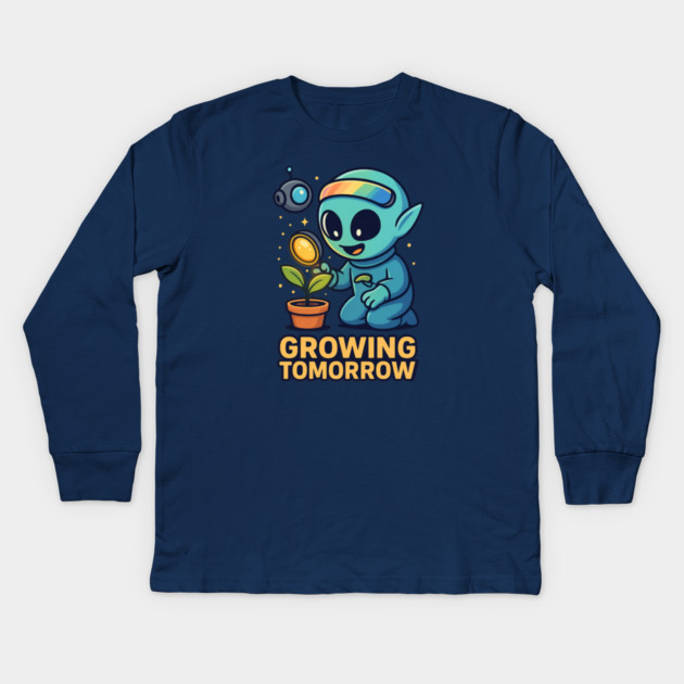 Growing Tomorrow – Cute Alien Growth Art | Wholesome Space Nature Tee Kids Long Sleeve T-Shirt by Anne Lee