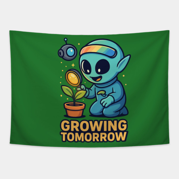 Growing Tomorrow – Cute Alien Growth Art | Wholesome Space Nature Tee Tapestry by Anne Lee