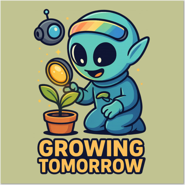 Growing Tomorrow – Cute Alien Growth Art | Wholesome Space Nature Tee Wall Art by Anne Lee