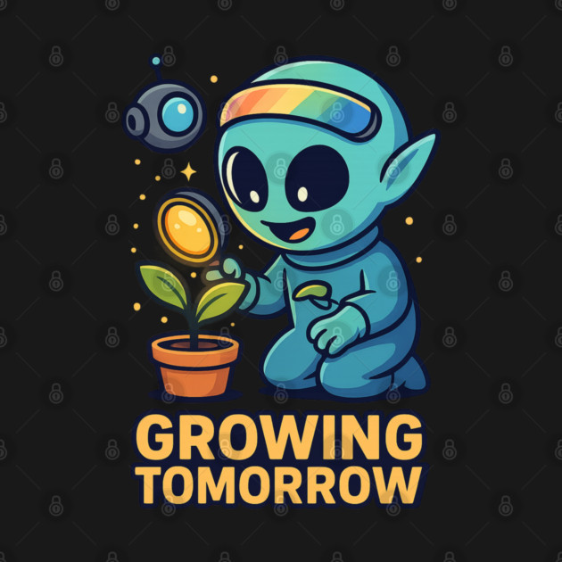 Growing Tomorrow – Cute Alien Growth Art | Wholesome Space Nature Tee by Anne Lee