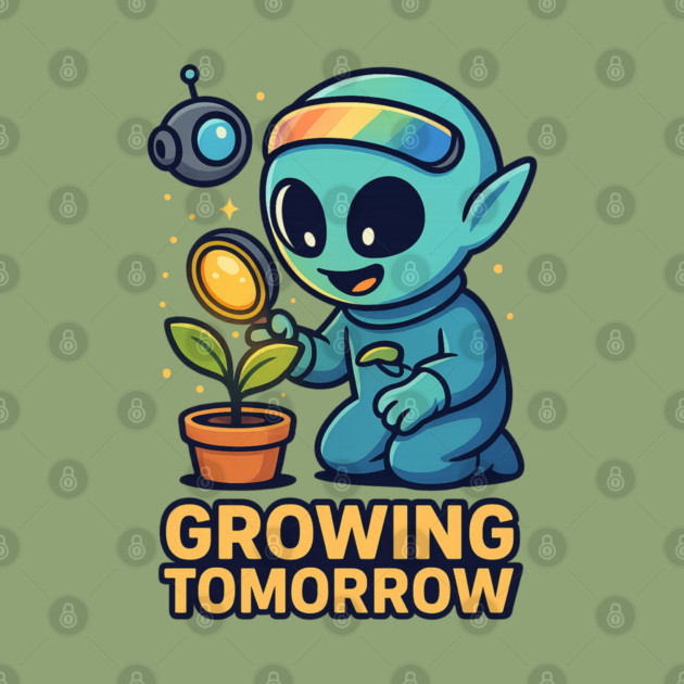 Growing Tomorrow – Cute Alien Growth Art | Wholesome Space Nature Tee by Anne Lee