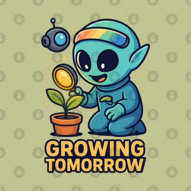 Growing Tomorrow – Cute Alien Growth Art | Wholesome Space Nature Tee by Anne Lee