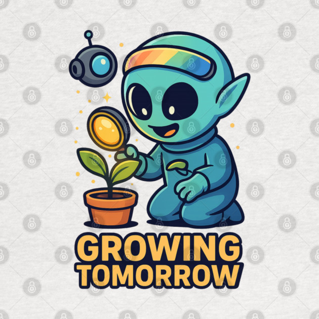 Growing Tomorrow – Cute Alien Growth Art | Wholesome Space Nature Tee by Anne Lee