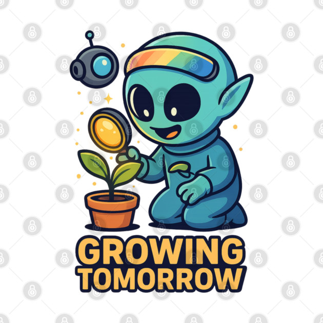 Growing Tomorrow – Cute Alien Growth Art | Wholesome Space Nature Tee by Anne Lee