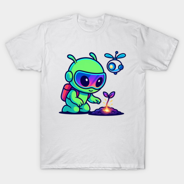 Nurture the Stars – Cute Alien Plant Art | Wholesome Cosmic Growth Tee T-Shirt by Anne Lee