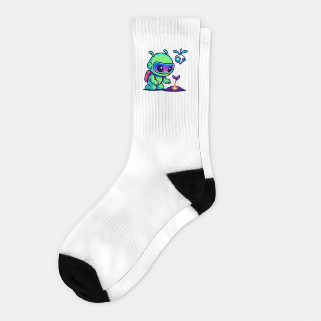 Nurture the Stars – Cute Alien Plant Art | Wholesome Cosmic Growth Tee Socks by Anne Lee