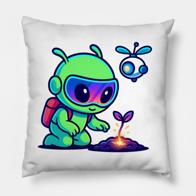 Nurture the Stars – Cute Alien Plant Art | Wholesome Cosmic Growth Tee Pillow by Anne Lee