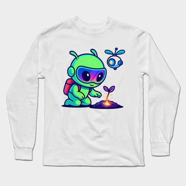 Nurture the Stars – Cute Alien Plant Art | Wholesome Cosmic Growth Tee Long Sleeve T-Shirt by Anne Lee