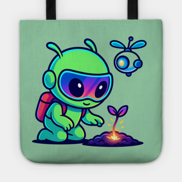 Nurture the Stars – Cute Alien Plant Art | Wholesome Cosmic Growth Tee Tote by Anne Lee