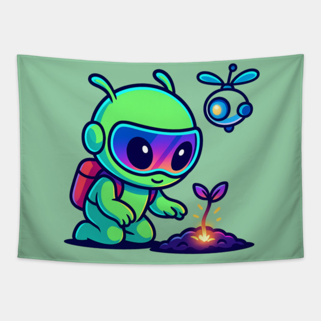 Nurture the Stars – Cute Alien Plant Art | Wholesome Cosmic Growth Tee Tapestry by Anne Lee