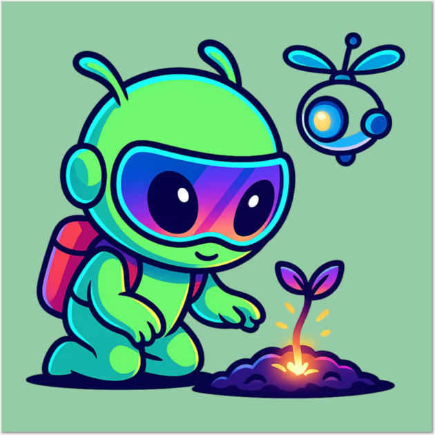 Nurture the Stars – Cute Alien Plant Art | Wholesome Cosmic Growth Tee Wall Art by Anne Lee