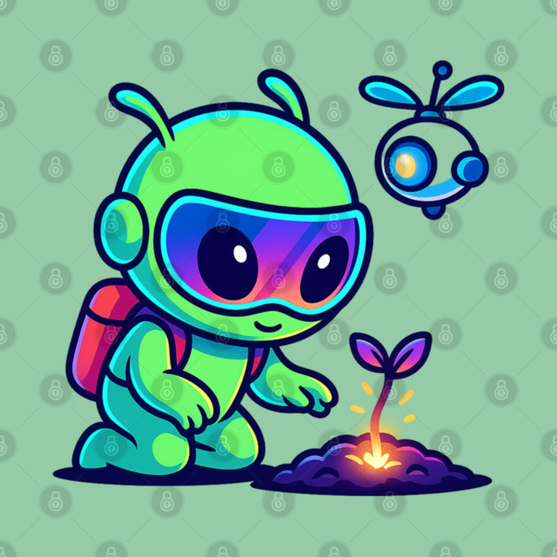 Nurture the Stars – Cute Alien Plant Art | Wholesome Cosmic Growth Tee by Anne Lee