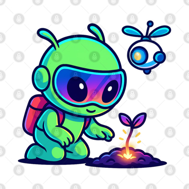 Nurture the Stars – Cute Alien Plant Art | Wholesome Cosmic Growth Tee by Anne Lee