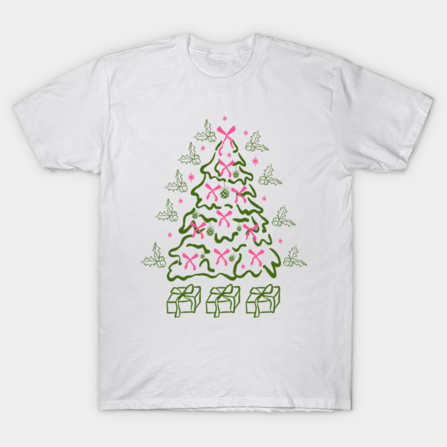 Coquette Pink Bows Christmas Tree T-Shirt by Creatifly Graphic Tees