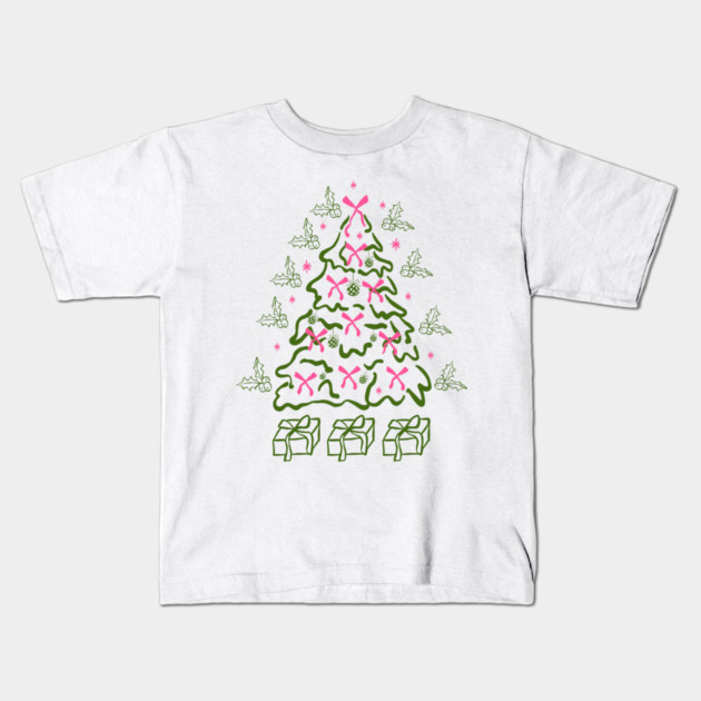 Coquette Pink Bows Christmas Tree Kids T-Shirt by Creatifly Graphic Tees