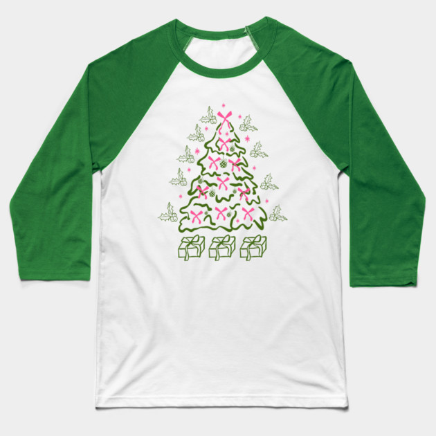 Coquette Pink Bows Christmas Tree Baseball T-Shirt by Creatifly Graphic Tees