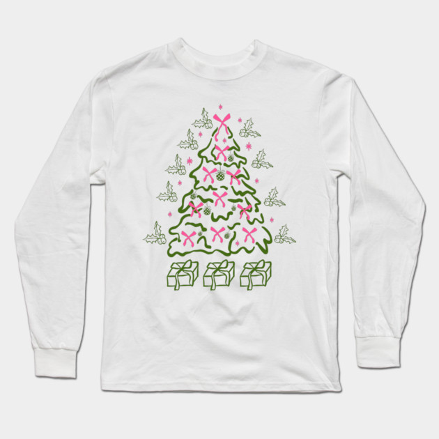 Coquette Pink Bows Christmas Tree Long Sleeve T-Shirt by Creatifly Graphic Tees
