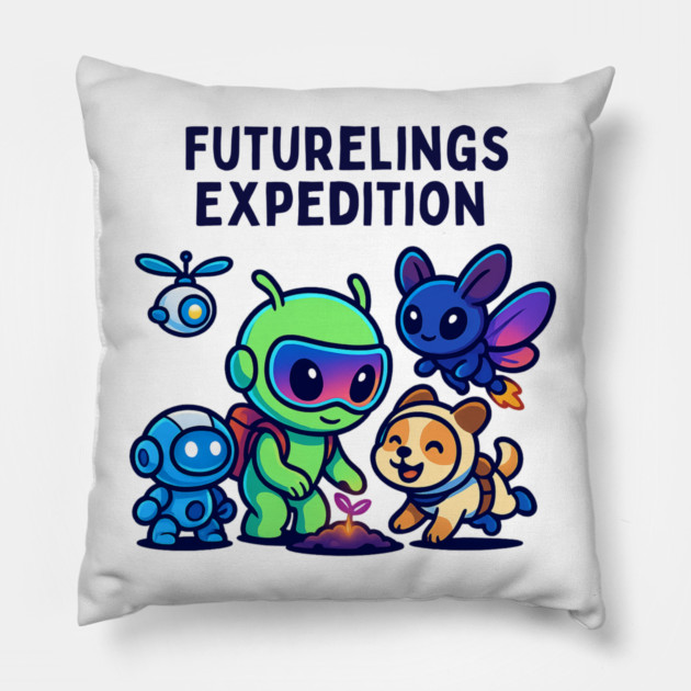 Futurelings Expedition – Cute Alien Team Growing a Sprout | Tomorrow Sprouts Tee Pillow by Anne Lee