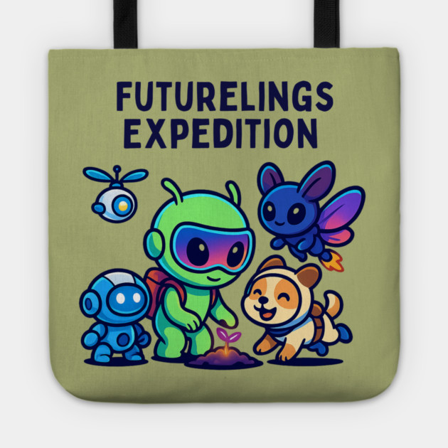 Futurelings Expedition – Cute Alien Team Growing a Sprout | Tomorrow Sprouts Tee Tote by Anne Lee