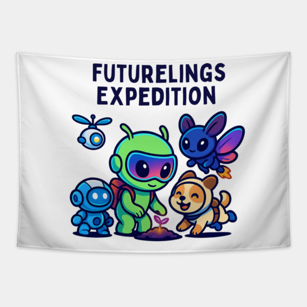 Futurelings Expedition – Cute Alien Team Growing a Sprout | Tomorrow Sprouts Tee Tapestry by Anne Lee