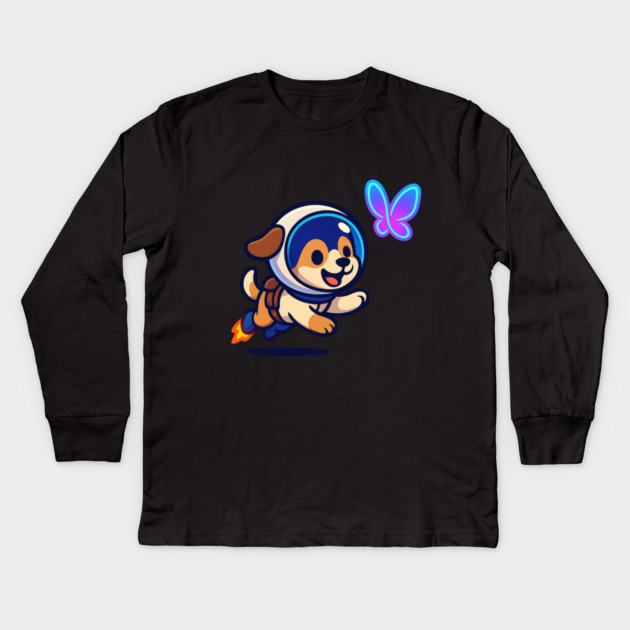 Chasing Tomorrow – Cute Space Pup & Butterfly | Wholesome Tomorrow Sprouts Tee Kids Long Sleeve T-Shirt by Anne Lee