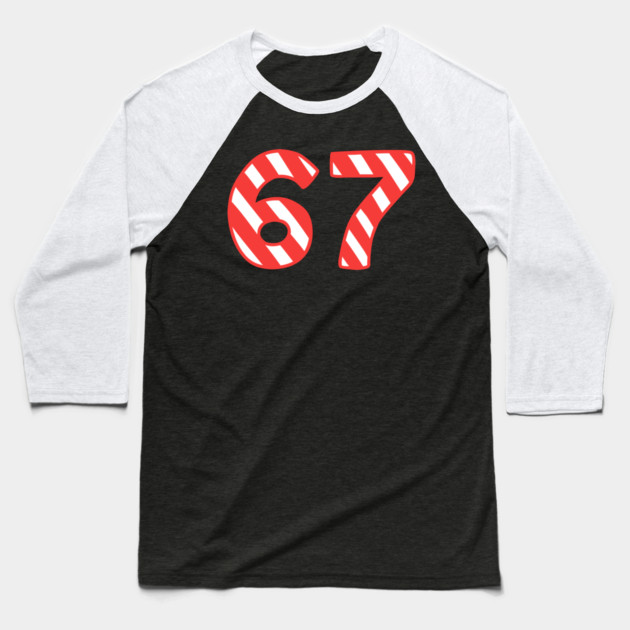 Candy Cane Striped 67 Meme Christmas Baseball T-Shirt by Creatifly Graphic Tees