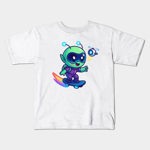 Riding Tomorrow – Cute Alien on Rainbow Space Board | Wholesome Tomorrow Sprouts Tee Kids T-Shirt by Anne Lee
