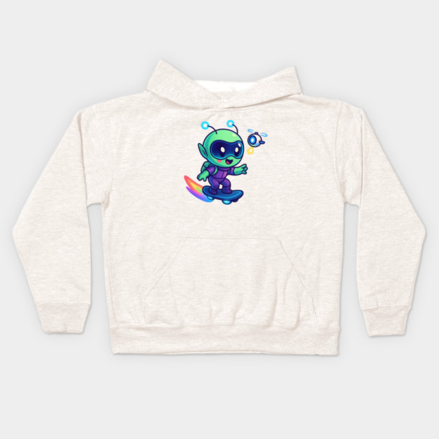 Riding Tomorrow – Cute Alien on Rainbow Space Board | Wholesome Tomorrow Sprouts Tee Kids Hoodie by Anne Lee