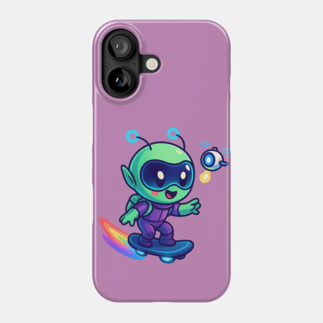 Riding Tomorrow – Cute Alien on Rainbow Space Board | Wholesome Tomorrow Sprouts Tee Phone Case by Anne Lee