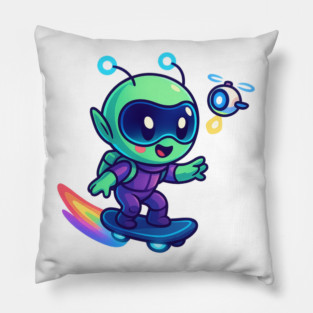 Riding Tomorrow – Cute Alien on Rainbow Space Board | Wholesome Tomorrow Sprouts Tee Pillow